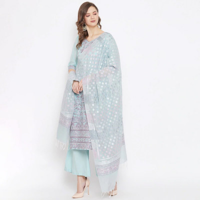 Women Sea Green & Pink Ethnic Motifs Woven Organic Cotton Unstitched Dress Material