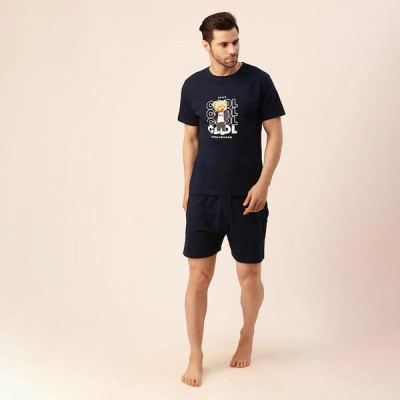 Men Navy Blue & White Printed Cotton Night suit