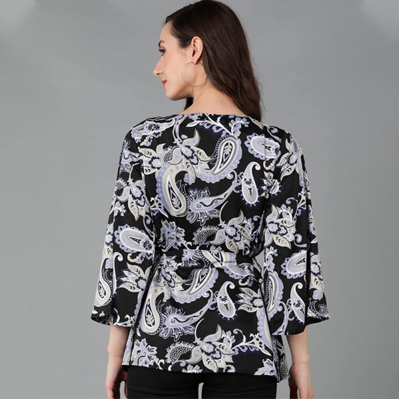 Serein Women's Shrug (Multi Colored Printed Crepe Short Jacket with Waist tie-up & Bell Sleeve)