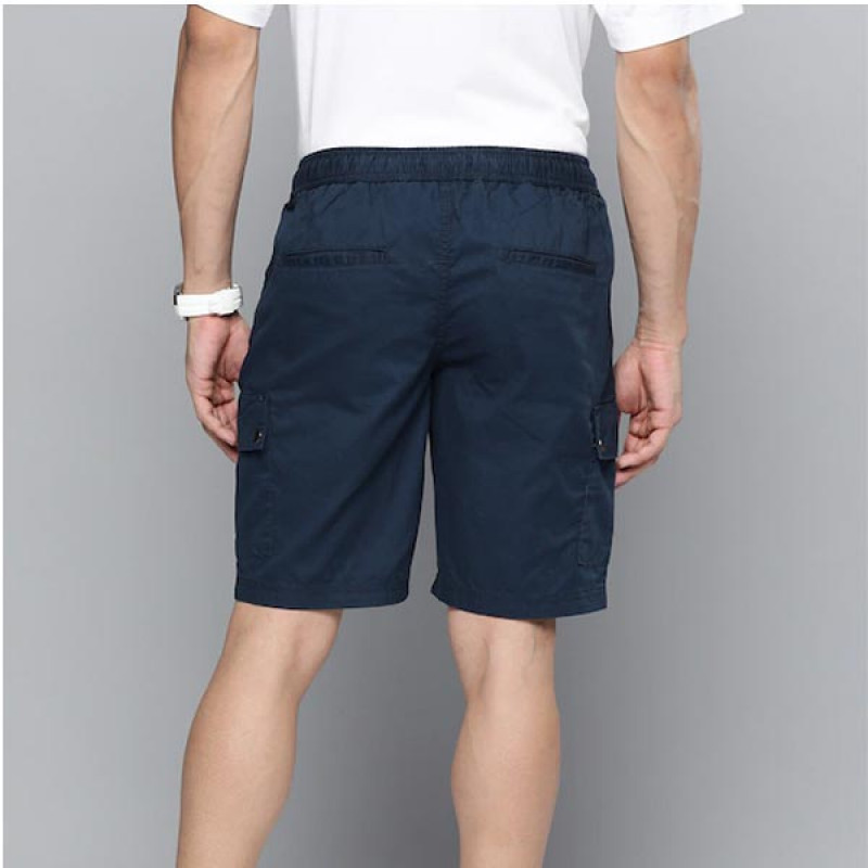 Men Navy Blue Solid Pure Cotton Cargo Shorts